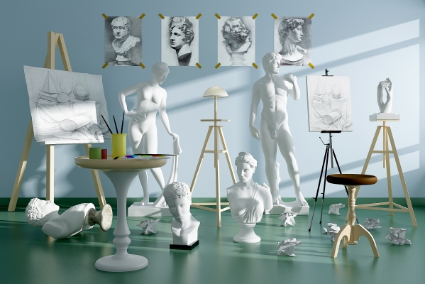 现代画室人物雕像，画板，