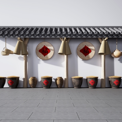新中式乡村，走廊围墙酒缸农具组合