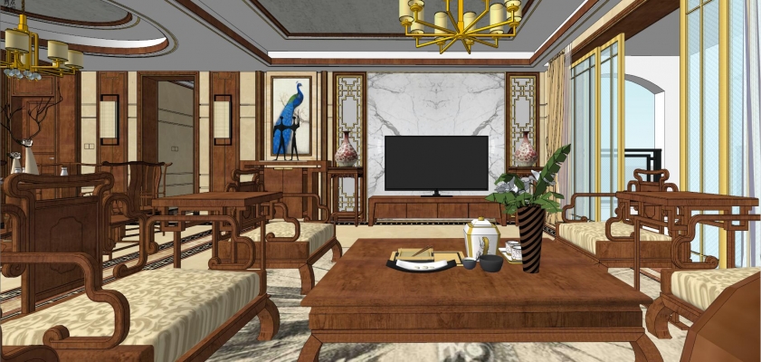 05中式古典风格家装样板间，客厅卧室红木家具，床沙发花架电视柜