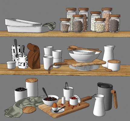 现代厨房用品，调味品，干货，茶杯，茶壶