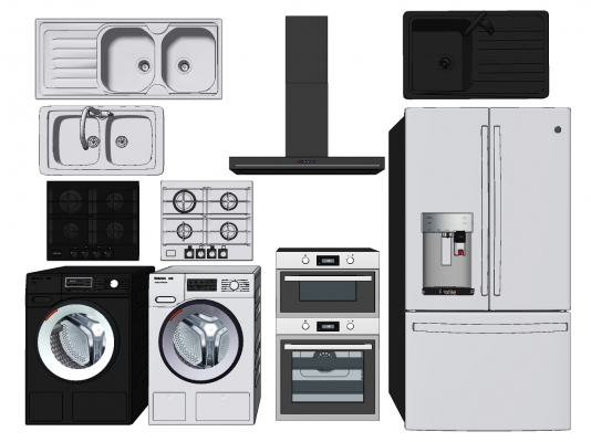 现代冰箱，煤汽灶，滚筒洗衣机，家用电器组合