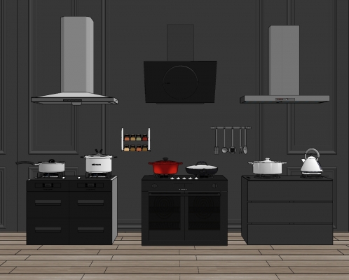 现代厨房侧吸直吸油烟油烟机，集成炉灶，厨房用品