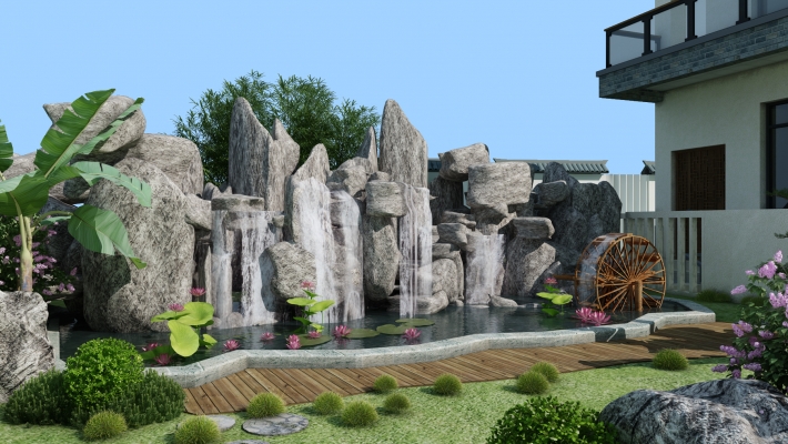 现代假山叠水，水车景观花园