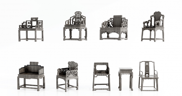 中式明清古典雕花太师椅，单椅，椅子，花架