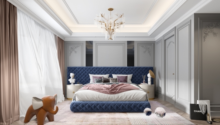 SY08-法式欧式主卧室,皮革双人床床头柜,树枝造型艺术吊灯,摆件,雕塑