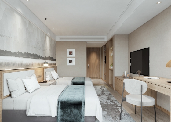 SY022_现代新中式酒店客房,双人床,大床房,,麻将桌,墙饰，卫生间 (1)