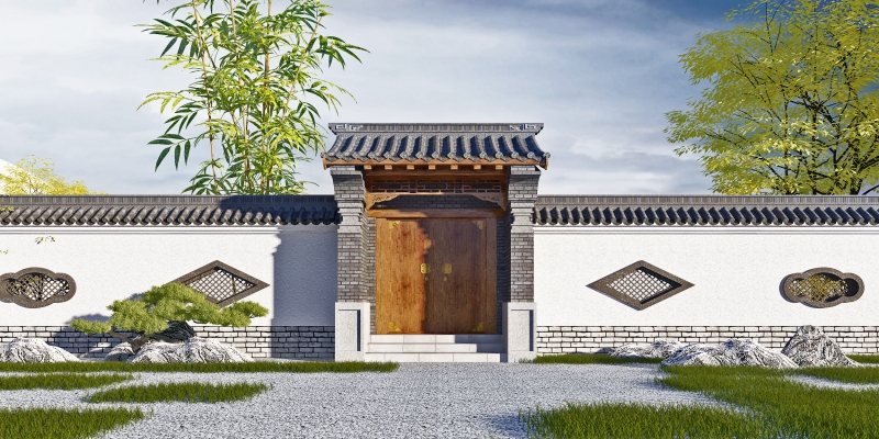 中式古典大门,门头院墙围墙