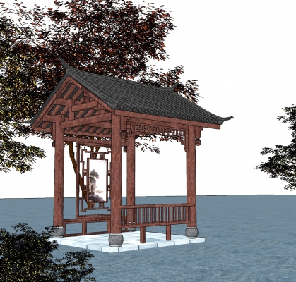 中式古建凉亭，亭子树-