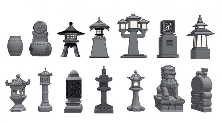 新中式庭院户外灯,石柱灯，石狮子，报鼓，香炉