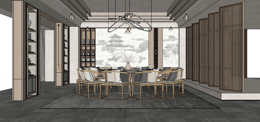 新中式餐厅，包间，包房，圆形茶桌椅