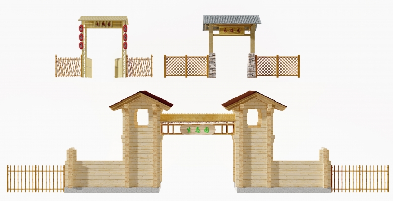 新中式山庄度假村大门,门头,门楼栅栏围墙