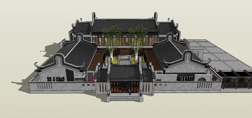 中式古建四合院，院墙门头，大门