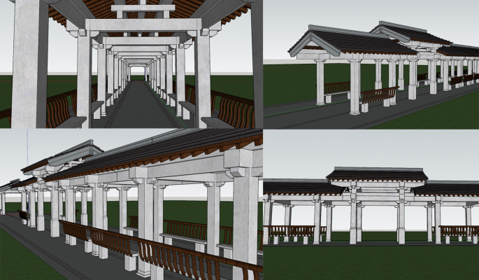 中式古建唐式风格长廊凉亭廊架长廊