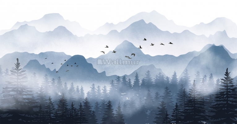 现代新中式山脉树林风景画壁纸背景画 (4)