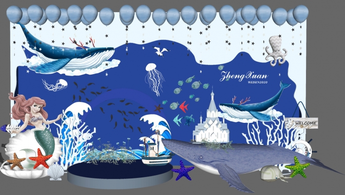 现代海洋主题，水母，珊瑚，帆船海星，墙饰，挂饰，挂件，墙饰、鲸鱼美人鱼舞台背景美陈01