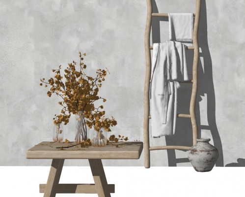 44现代民宿木板凳，浴巾梯子陶罐花瓶花卉