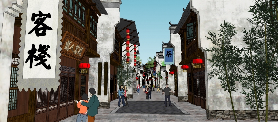 中式古典沿河商业街，古镇徽派建筑 (1)