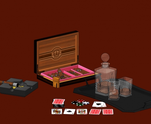 现代雪茄洋酒扑克牌陈设，烟灰缸，赌具，红酒瓶托盘