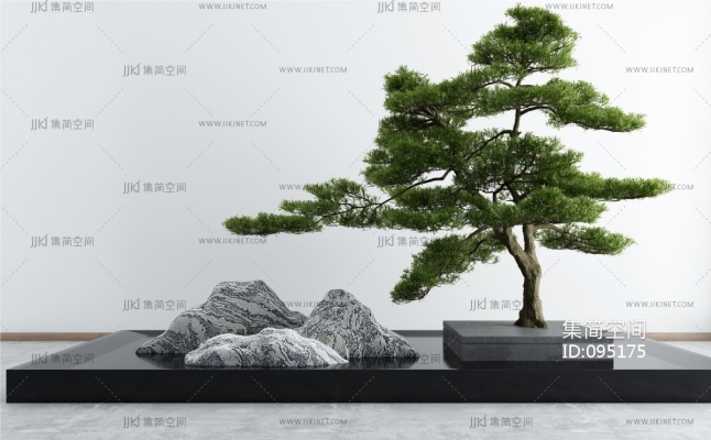 新中式庭院景观小品泰山石松树3d模型下载