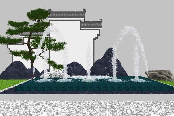 新中式景观水景园林造景,石头喷泉马头墙 (1)
