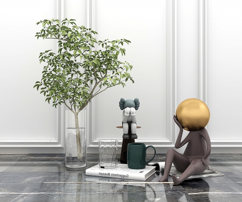 现代雕塑公仔，玻璃花瓶水生植物