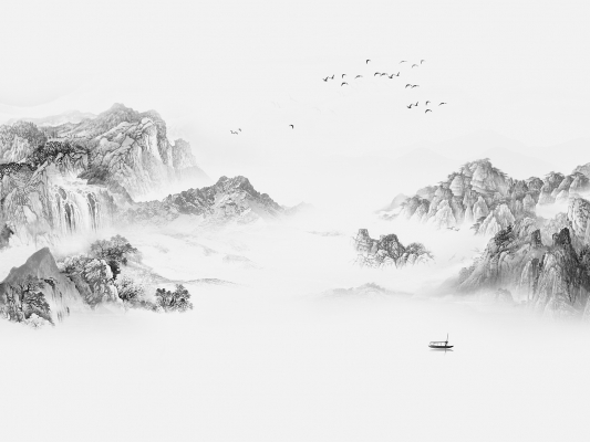 新中式山水背景画，壁画壁纸，