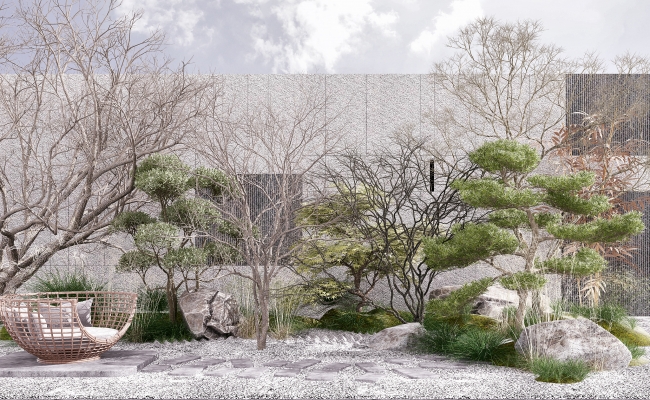 现代新中式庭院 景观植物树景观小品