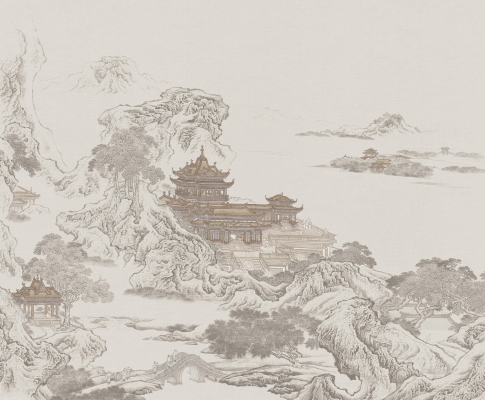 新中式山水背景装饰画，壁布壁画