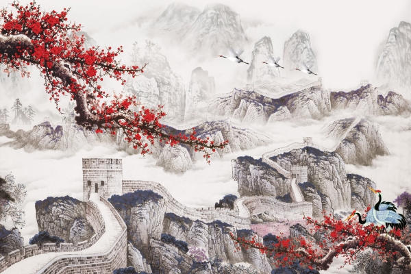高清 中式 长城 梅花 装饰画贴图