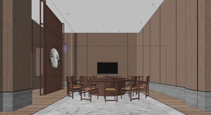 11新中式餐厅包间套间，接待室、中式接待室、中式沙发茶几组合、中式圈椅、新中式餐厅、圆形实木中式餐桌椅 (1)