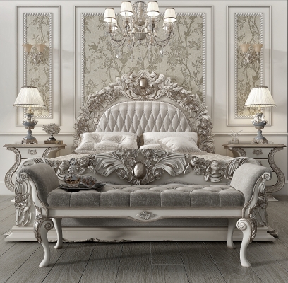 法式古典雕花欧式双人床,床尾凳组合