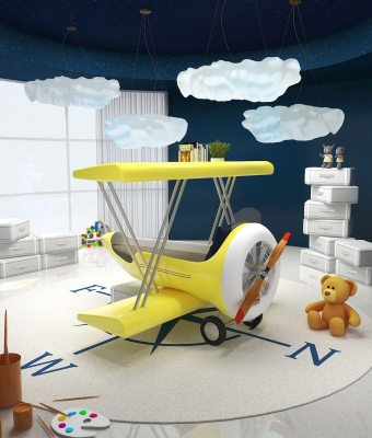 现代儿童飞机床  玩偶小熊 白云 画板