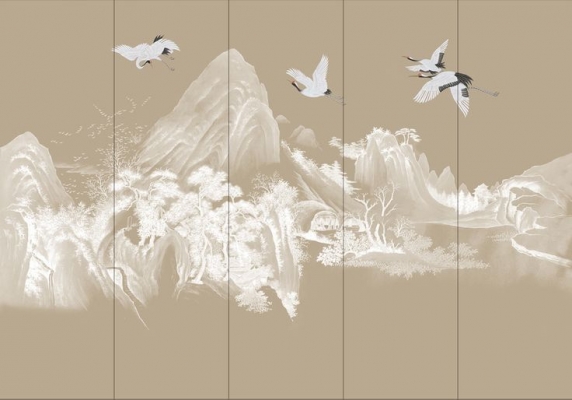 新中式山脉仙鹤壁纸壁布背景画 (10)