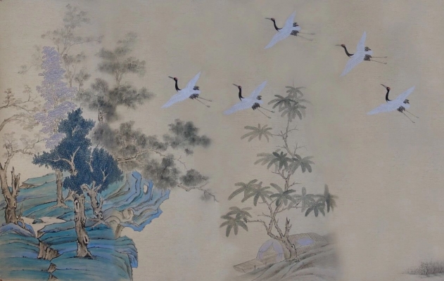新中式仙鹤壁纸壁布背景画 (22)