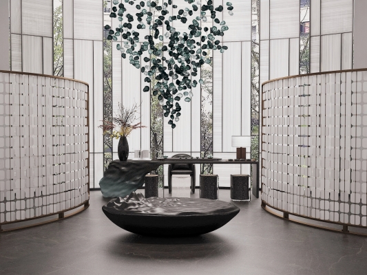 新中式茶室茶桌椅，造景水晶吊灯屏风隔断