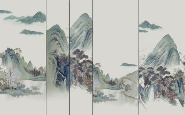 新中式山脉山水背景画壁纸屏风画 (3)
