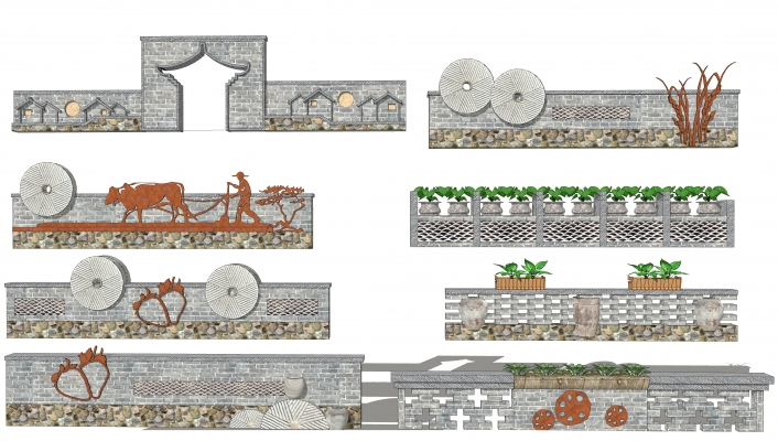 新中式民俗文化景墙，院墙，磨盘，农村乡村，矮墙