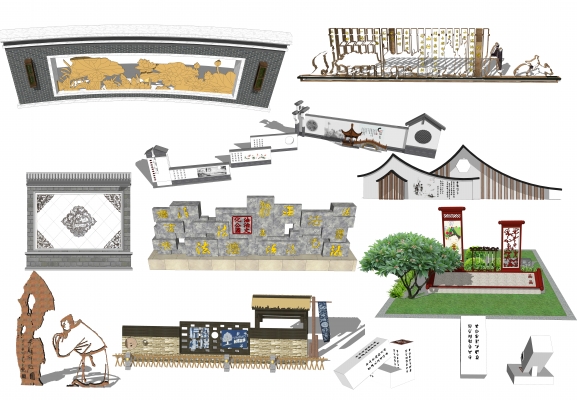 11新中式景观小品农村乡村文化墙，文化雕塑院墙，