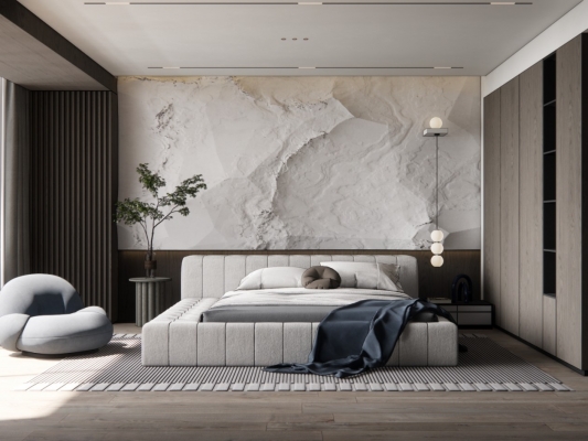 现代卧室双人床，岩石墙面单人沙发