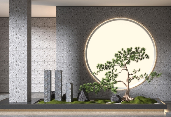 新中式景观小品石头松树景观造景3d模型下载