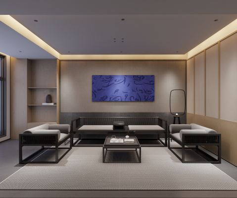 现代中式客餐厅，新中式沙发罗汉床茶几3d模型下载