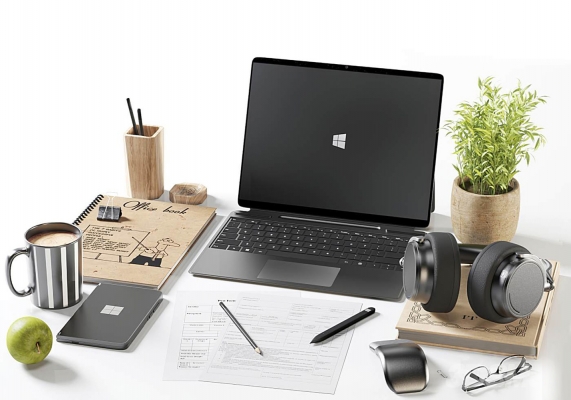 现代办公摆件，笔记本电脑，咖啡杯水杯，耳麦  