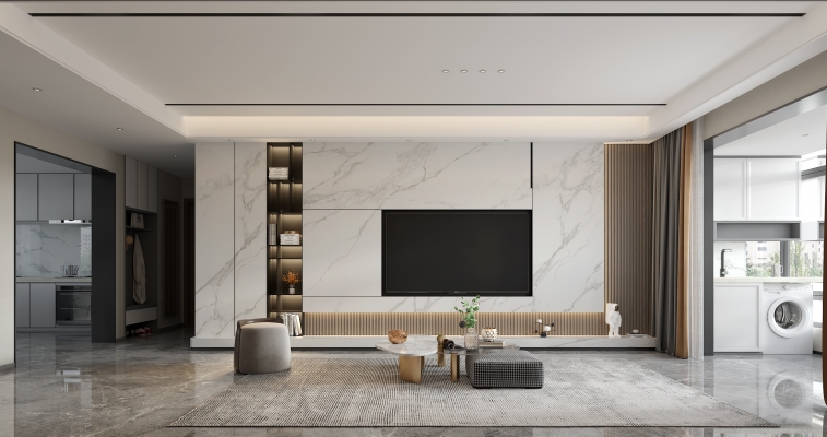 现代客厅，沙发电视背景墙茶几3d模型下载