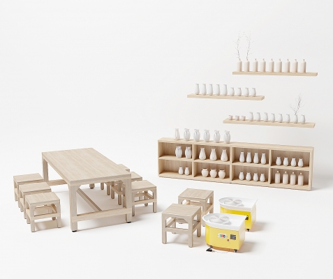 土陶陶瓷瓷器教室课桌椅，制陶机，陶罐展架 (2)