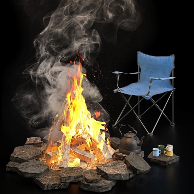 野营露营篝火火堆，户外折叠椅