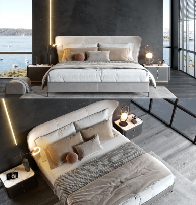 米洛提Minotti 简欧式皮革双人床床头柜组合su模型