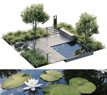 现代庭院景观绿植植物水池3d模型下载