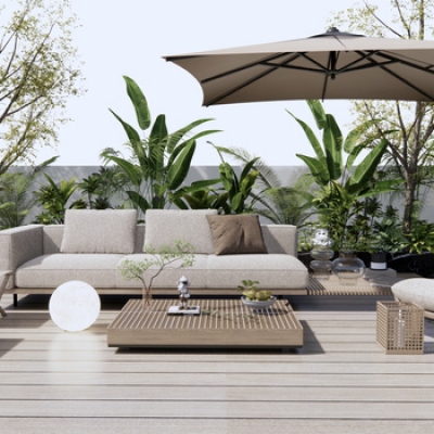 现代户外沙发，遮阳伞，绿植花池 (1)