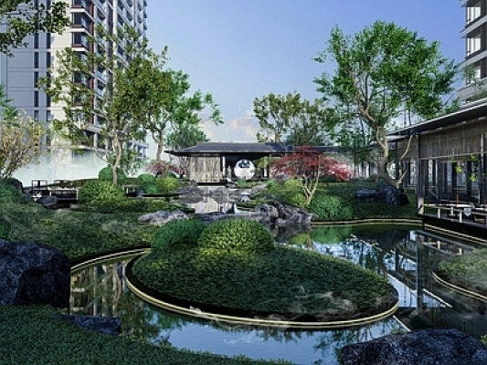 新中式住宅景观，小区水系景观
