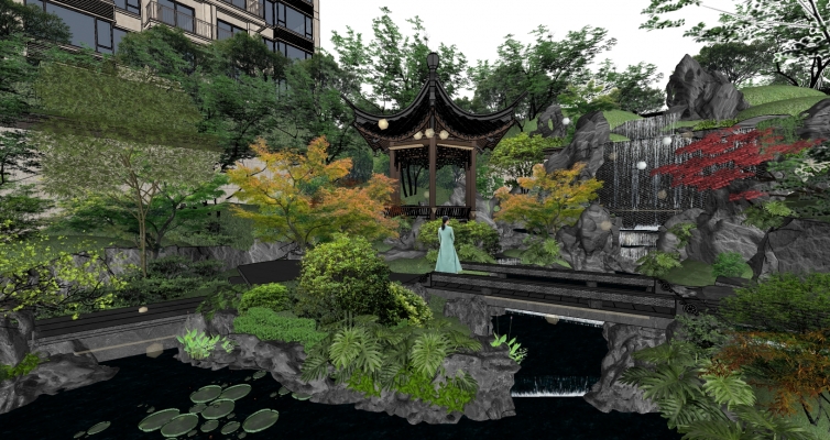 中式住宅景观，水系，凉亭庭院